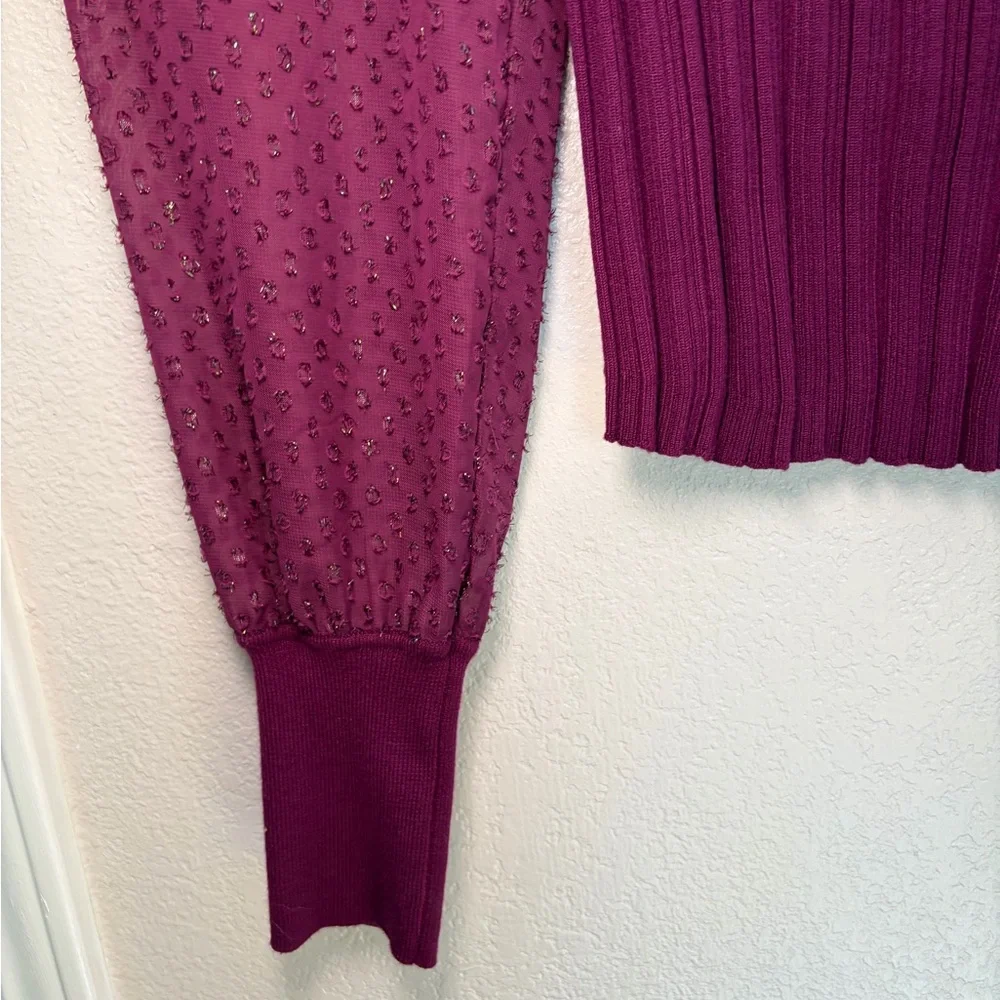 Anthropologie Puff-Sleeve Shimmer Plum Ribbed Knit Top Sheer Puff Sleeves Boho S